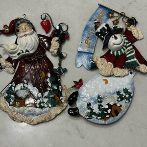 Vintage Primitive Christmas Folk Art Metal Ornaments 2 Santa And Snowman